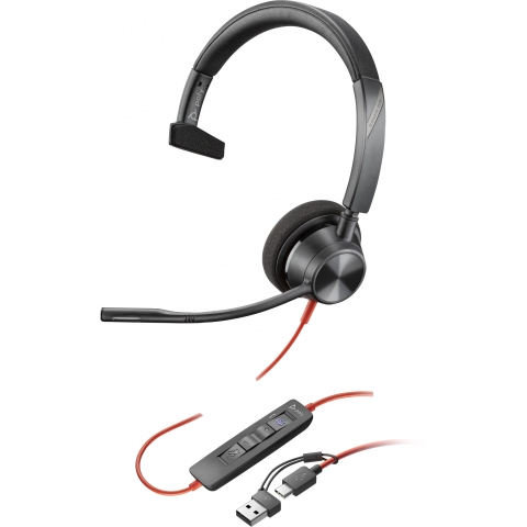 HP Poly Blackwire 3310 Monaural Microsoft Teams Certified USB-C Headset +USB-C/A Adapter (212703-01)