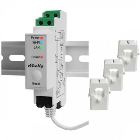 Shelly Relais Pro 3EM 120A WLAN LAN Stromzähler Inkl. 3x 120A Klemmen Messfunktion BT DIN-Rail