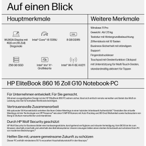 HP EliteBook 860 G10 Intel Core i5-1335U 40,6cm 16Zoll WUXGA 400 AG 1x8GB 256GB/SSD UMA Wi-Fi 6e BT FPR W11P 3J Gar (DE)