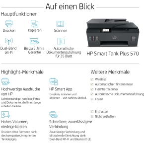 T HP Smart Tank Plus 570 Tintenstrahldrucker 3in1/A4/WiFi/Bluetooth/ADF