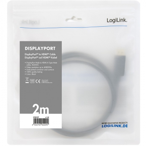 LogiLink DisplayPort 1.2 > HDMI (ST-ST) 2m Adapterkabel 4K Schwarz