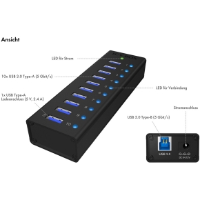 HUB 10 Port. Ladeport Aluminium-mit Netzteil ICY BOX