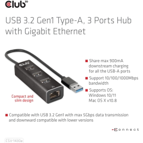 Club3D Adapter USB 3.2 Typ A > 3x USB 3.2 Typ A/LAN