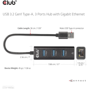 Club3D Adapter USB 3.2 Typ A > 3x USB 3.2 Typ A/LAN
