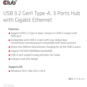 Club3D Adapter USB 3.2 Typ A > 3x USB 3.2 Typ A/LAN