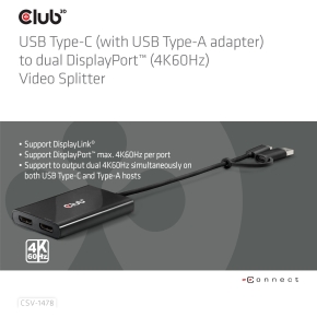 Club3D Adapter USB-C (USB A Adapter) > 2x DP 4K@60Hz St/Bu