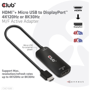Club3D Adapter HDMI + MicroUSB > DP 4K120Hz aktiv St/Bu