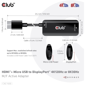Club3D Adapter HDMI + MicroUSB > DP 4K120Hz aktiv St/Bu