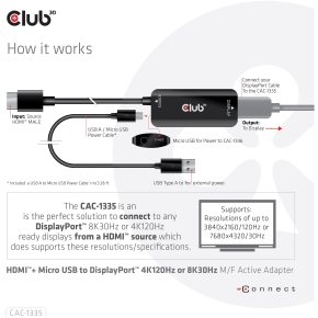 Club3D Adapter HDMI + MicroUSB > DP 4K120Hz aktiv St/Bu