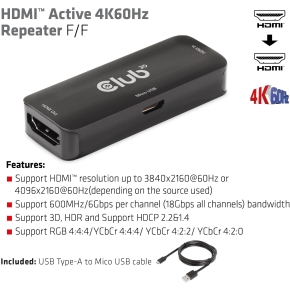 Club3D Repeater HDMI > HDMI 4K60Hz aktiv Bu/Bu