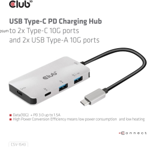 Club3D Adapter USB 3.1 Typ C > 2x USB C + 2x USB A Lade Hub