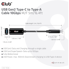 Club3D Kabel USB 3.2 Typ C  USB Typ A 10Gbps St/Bu 5m