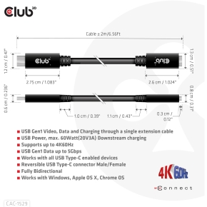 Club3D Kabel USB 3.2 Typ C 1m Verlängerung 5Gbps St/Bu