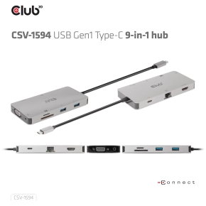 Club3D USB-C 9in1-HUB >HDMI/VGA/2xUSB/USB-C/RJ45/SD PD100W