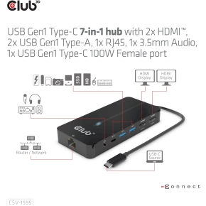 Club3D USB-C 7in1-HUB >2xHDMI/2xUSB/USB-C/LAN 4K60Hz PD100W
