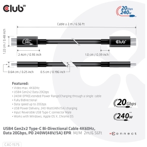 Club3D Kabel USB 4 Typ C PD 240W / 4K / 20Gbps 2m St/St