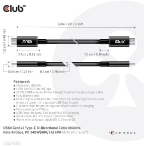 Club3D Kabel USB 4 Typ C PD 240W / 8K / 40Gbps 2m St/St