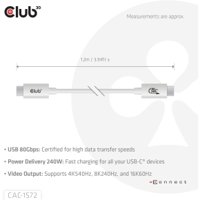 Club3D Kabel USB-C 80Gbps zertifi. PD240W/8K240Hz 1.2m weiß