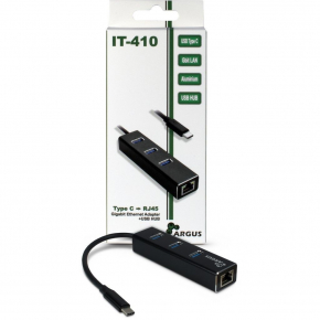 USB-C HUB 3Port Inter-Tech Argus IT-410 1x RJ45 Gigabit Lan passiv Black
