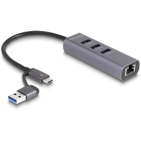 DELOCK 3 Port USB 5 Gbps Hub + Gigabit LAN mit USB Type-C oder USB Typ-A Anschluss im Metallgehuse