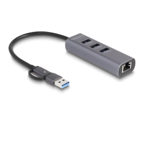 DELOCK 3 Port USB 5 Gbps Hub + Gigabit LAN mit USB Type-C oder USB Typ-A Anschluss im Metallgehuse