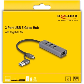 DELOCK 3 Port USB 5 Gbps Hub + Gigabit LAN mit USB Type-C oder USB Typ-A Anschluss im Metallgehuse
