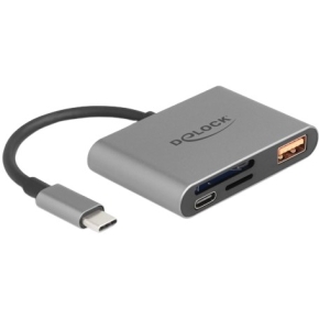 DELOCK USB-C Card Reader fur SD und Micro SD Speicherkarten + USB 10 Gbps Typ-A Port und USB Type-C PD 2.0 85 W