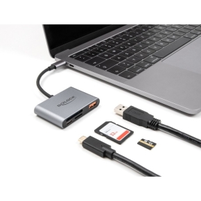 DELOCK USB-C Card Reader fur SD und Micro SD Speicherkarten + USB 10 Gbps Typ-A Port und USB Type-C PD 2.0 85 W