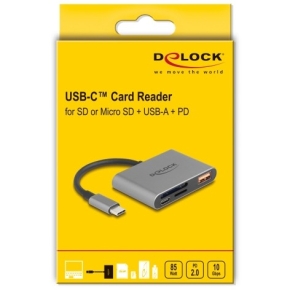 DELOCK USB-C Card Reader fur SD und Micro SD Speicherkarten + USB 10 Gbps Typ-A Port und USB Type-C PD 2.0 85 W