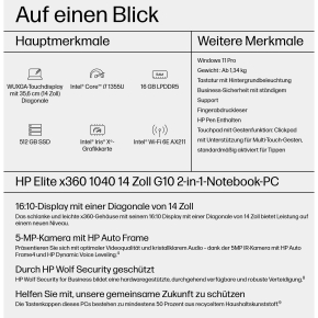 HP Elite x360 1040 G10 Intel i7-1355U 35,6cm 14Zoll WUXGA SV Touch AG 16GB 512GB/SSD Pen WWAN Wi-Fi 6e FPR W11P 3J Gar SmartBuy(DE)