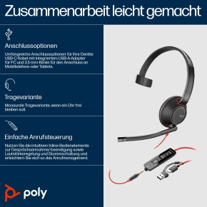 HP Poly Blackwire 5210 Monaural USB-C Headset +3.5mm Plug +USB-C/A Adapter (207577-201)