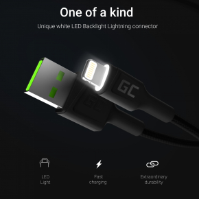 Green Cell USB 3.0 > Lightning (ST-ST) 2m Ladekabel LED Schwarz