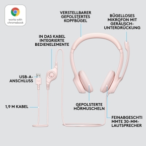 LOGITECH H390 Headset on-ear wired USB-A rose