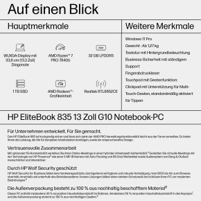 HP EliteBook 835 G10 AMD Ryzen 7 PRO 7840U 33,8cm 13,3Zoll WUXGA 400 AG 32GB 1TB/SSD UMA WWAN Wi-Fi 6e FPR W11P 3J Gar (DE)