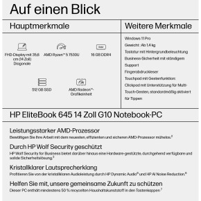 HP EliteBook 645 G10 AMD Ryzen 5 Pro 7530U 35,5cm 14Zoll FHD 250 1x16GB 512GB/SSD UMA WWAN Wi-Fi 6e BT FPR W11P 3J Gar (DE)