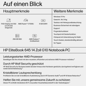 HP EliteBook 645 G10 AMD Ryzen 5 Pro 7530U 35,5cm 14Zoll FHD 250 1x8GB 256GB/PCIe NVMe/SSD UMA Wi-Fi 6e BT FPR W11P 3J Gar (DE)