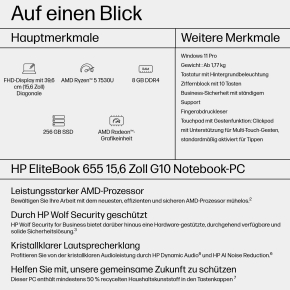 HP EliteBook 655 G10 AMD Ryzen 5 Pro 7530U 39,6cm 15,6Zoll FHD 250 WR 1x8GB 256GB/PCIe NVMe/SSD UMA Wi-Fi 6e BT FPR W11P 3J Gar (DE)