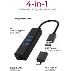 ICY BOX IB-HUB1419-LAN USB 3.0/USB-C HUB 3xUSB 3.0; 1xGigabit LAN